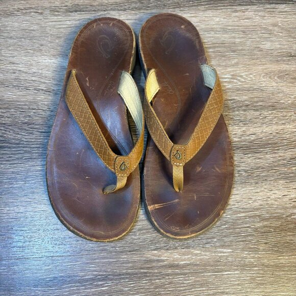 OluKai Kumu Brown Leather Slid On‎ Womens Sandals Size 9 - Picture 1 of 7